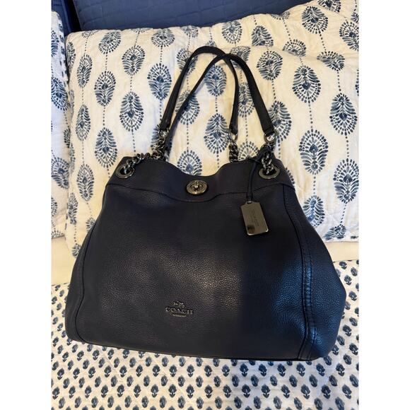 Coach Turnlock Edie Shoulder Bag Dark Blue Pebbled Leather Pewter - Picture 2 of 10